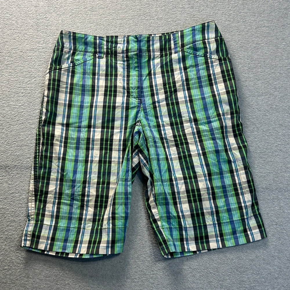 Jones New York Signature Bermuda Shorts Womens 6 Mid Plaid Stretch Blue Green